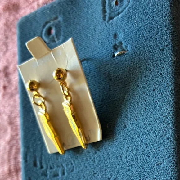 Gold Lightning Bolt Drop Earrings with Turquoise Inlay - Picture 2 of 6